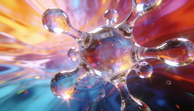 Glowing glass orb with radiating rounded arms reflecting colorful light streaks, droplets