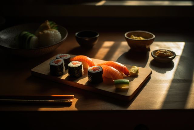 Plate of assorted sushi including nigiri and maki rolls on rectangular wooden tray with chopsticks nearby. Warm sunlight streams through window casting shadows on table. Ideal for culinary websites, Japanese food blogs, restaurant promotions, or social media posts highlighting Japanese cuisine.