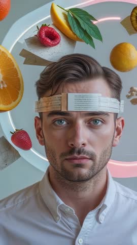 Floating fruit orbiting neon ring around man wearing paper band in vertical video