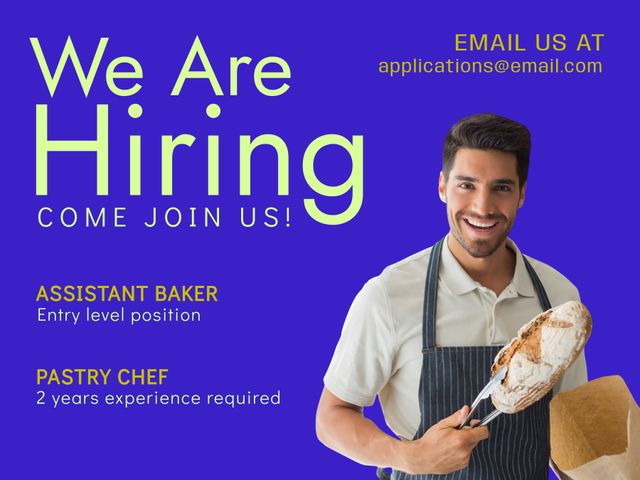 This design highlights a job advertisement for an Assistant Baker and a Pastry Chef. It is ideal for bakery owners, restaurant managers, and culinary schools to attract new talent in the baking industry. The vibrant design and smiling chef reflect a welcoming and positive work environment, encouraging job seekers to apply.