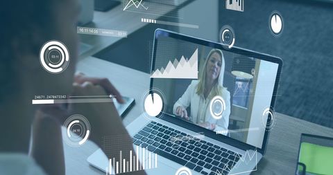 Diverse Female Team Collaborating via Video Call with Data Overlays - Download Free Stock Images Pikwizard.com