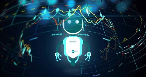 Holographic robot bot hovering over 3d financial dashboard with neon candlestick charts