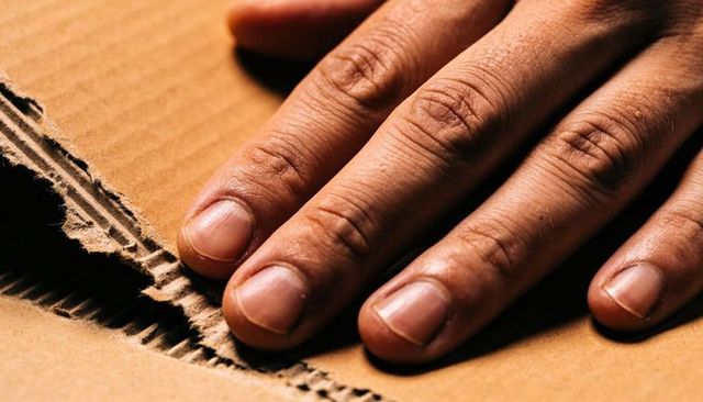 Right hand pressing torn corrugated cardboard showing close fingernail detail and texture