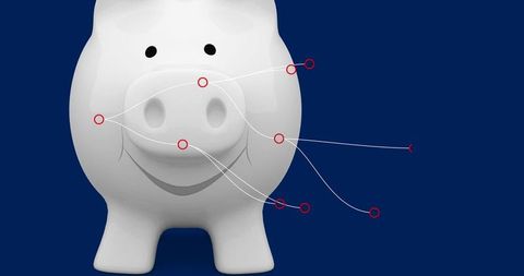 White piggy bank with digital connection lines highlighted in red against a dark blue background. Represents global financial networks and the concept of investment connections. Ideal for illustrating topics on finance, business expansion, networking strategies, and the importance of saving.