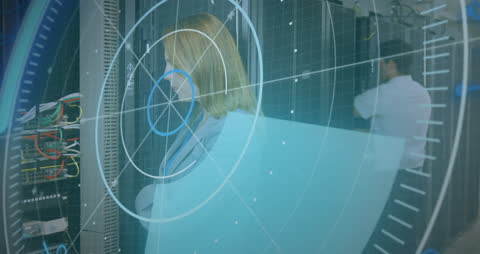 Businesswoman in Data Center with Futuristic Interface Overlay
