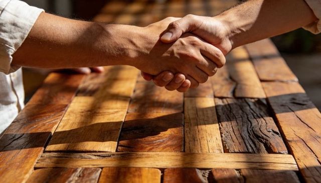 Sealing partnership with firm handshake on sunlit reclaimed wood table