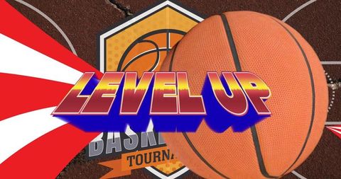 Bold level up message with basketball theme on competitive background