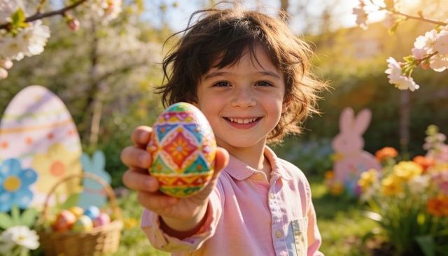 Smiling child holding colorful easter egg in sunlit garden with wicker basket and bunny