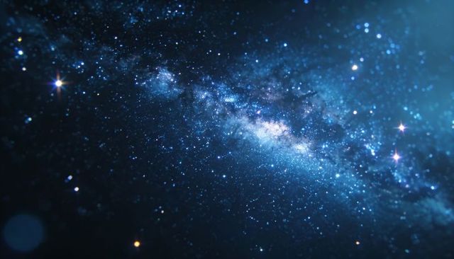 Glowing milky way band with bright galactic core and dust lanes in deep blue space