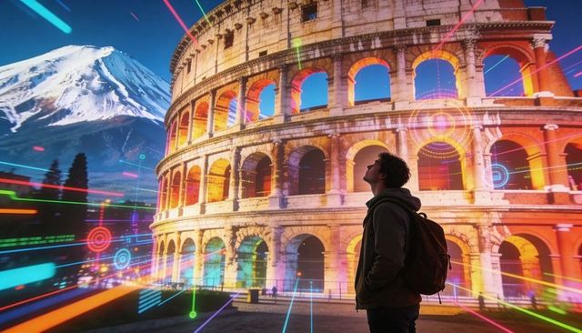 Traveler standing gazing at colosseum projection with neon trails and mountain backdrop