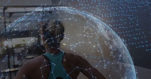 Female Athlete Training with Holographic Globe Overlay Representing Global Fitness Network