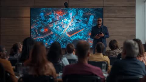 Presenter explaining 3D city model on large screen during corporate tech briefing