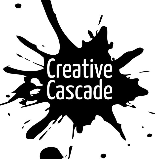 Image depicts black ink splatter with bold text overlay 'Creative Cascade'. Ideal for promoting creativity-related concepts, used in advertisements, posters, or digital media for artistic expression.