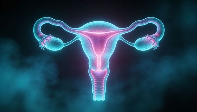 Neon uterus with cervix, fallopian tubes and ovaries in futuristic medical visualization