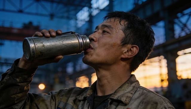 Sweaty Factory Worker Drinking from Metal Thermos at Sunset - Industrial Hard Work