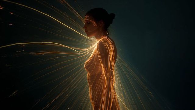 Silhouette Woman Emitting Golden Light Filaments and Sparks Flowing from Neck and Shoulders
