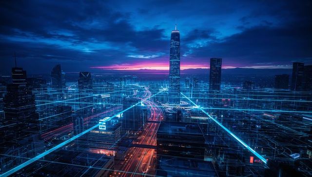 Futuristic Cityscape with Glowing Gridlines and Skyscraper at Dusk