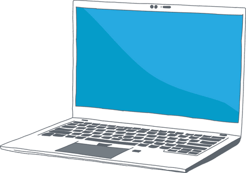 Digital laptop illustration with blue screen on transparent background