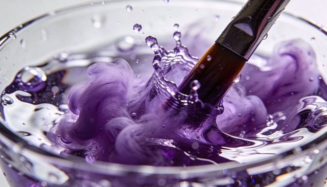 Vibrant purple paint plume swirling as brush plunges into glass bowl macro splash