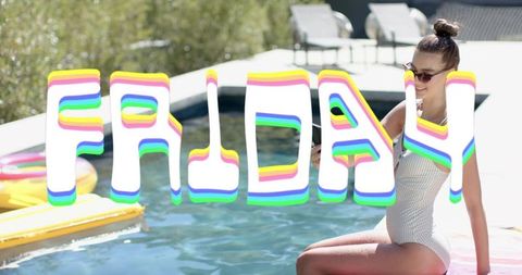 Friday poolside relaxing: woman lounging on float using smartphone by sunny pool
