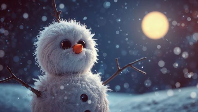 Cute Snowman with Falling Snowflakes Under Moonlight