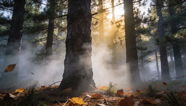 Sunlit Pine Forest Floor with Rising Mist and Golden Sunbeams Filtering Through Trees