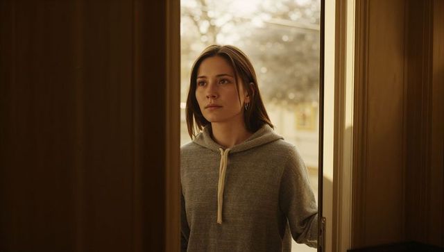 Standing woman gazing through sunlit doorway in hoodie, contemplative suburban moment