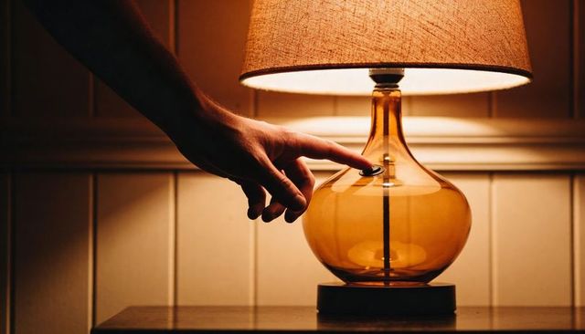 Hand turning amber glass lamp on nightstand casting warm cozy glow for interior ambience