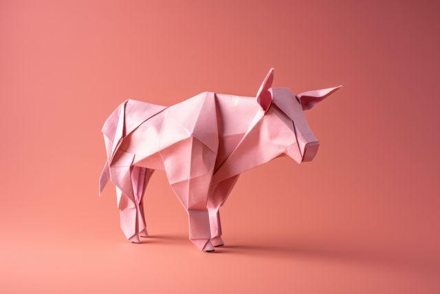 Pink origami pig on a salmon background perfect for illustrating creativity, paper crafting, or for use in design and decoration concepts. Can be used in educational materials, craft project inspirations, or publications related to art and DIY projects.