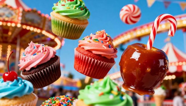 Floating Carnival Cupcakes and Caramel Apple with Candy Cane at Vibrant Fair