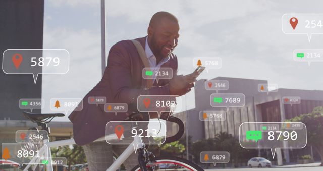 Businessman texting on mobile phone with bicycle in urban area. Surrounding GPS location icons depict digital connectivity and modern technology. Perfect for illustrating urban tech lifestyles, mobile communication, and business in smart cities.