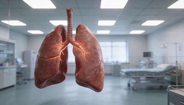 3d floating human lungs with glowing bronchi and trachea in hospital room for medical visualization