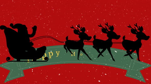 Santa Claus Sleigh with Reindeer Silhouettes Over Holiday Banner