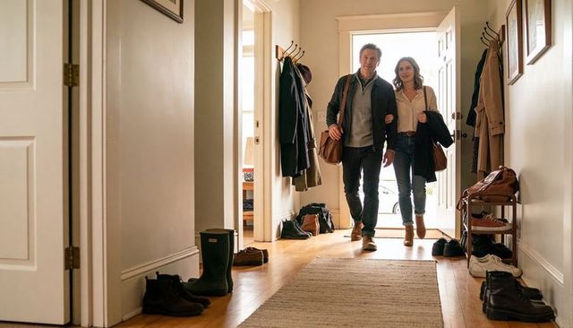 Couple walking into home linking arms carrying leather bags through warm bright entryway