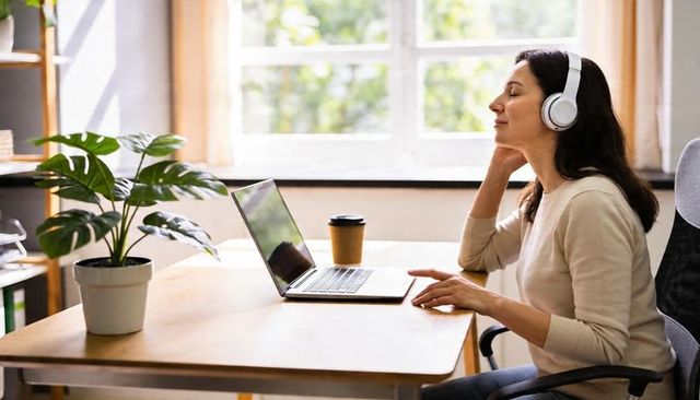 Woman listening with headphones at sunlit home desk for remote work and focus