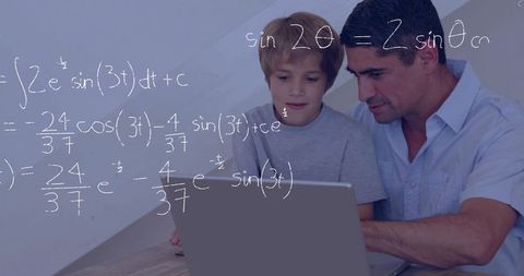 Father tutoring son on algebra at home using laptop with math equations overlay