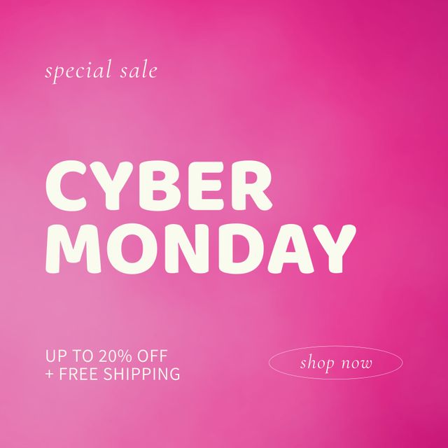 Bright pink background with bold white text promoting Cyber Monday sale. Ideal for online store promotions, social media ads, or email campaigns. Use this to attract customers with special offers, including up to 20% off and free shipping. Great for highlighting end-of-year sales events.