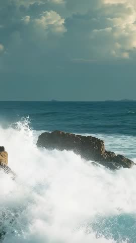Vertical Video: Waves Crashing on Rocky Outcrop, Spray Rising Under Dramatic Clouds