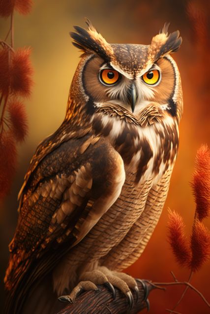 Close-up of majestic owl with bright, piercing eyes, perched on a branch with autumnal background. Suitable for wildlife and nature-related content, ornithology studies, educational materials on bird species, or use in autumn and seasonal themes. The feather details and vibrant eyes focus add intrigue and beauty to various visual projects.
