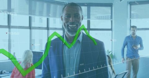 Businessman smiling with financial data and digital graph overlay