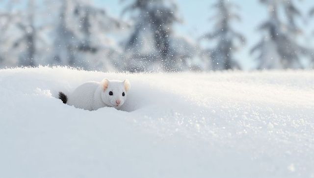Snow-white stoat peeking from powder snow with black tail tip, sunlit frosty forest