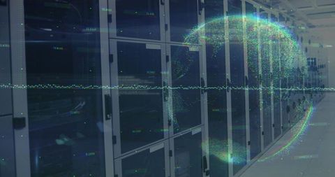 Datacenter server racks projecting holographic globe overlay for global network concept