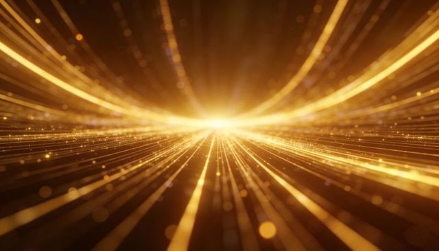 Golden light tunnel with radiant streaks and sparkling bokeh for futuristic background
