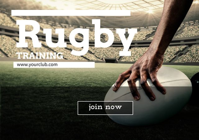 Image features hand poised on rugby ball on a stadium field, conveying readiness for action and teamwork. Ideal for promoting sports clubs, recruitment campaigns, training sessions, and team-building events.