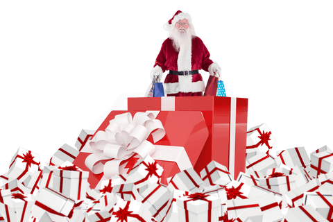 Transparent Santa Standing in Gift Box Surrounded by Presents