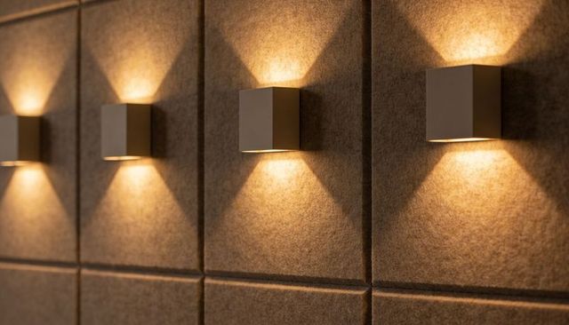 Warm Cube Wall Sconces Casting Diamond Light Patterns on Felt Acoustic Panels