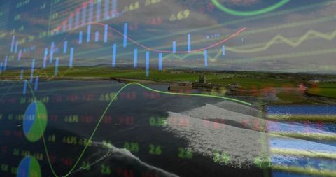 Coastal bay with candlestick charts overlay financial concept