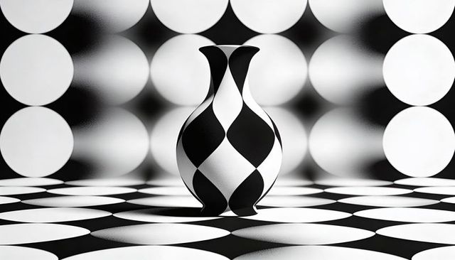 Harlequin vase sitting centered on monochrome geometric dot floor with symmetrical spots