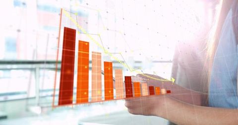 Woman tapping smartphone animating 3d bar chart with yellow trend line finance dashboard