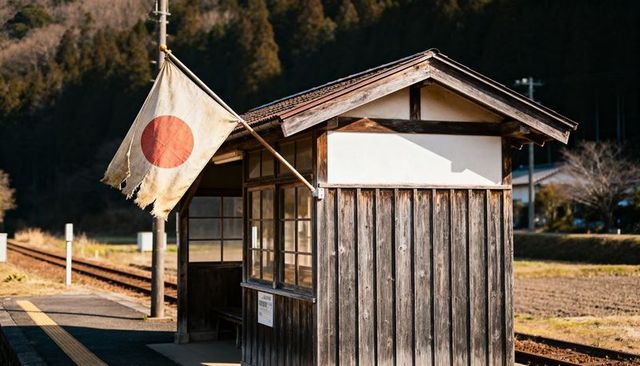 Torn japanese flag flying over weathered wooden railway shelter on rural train platform